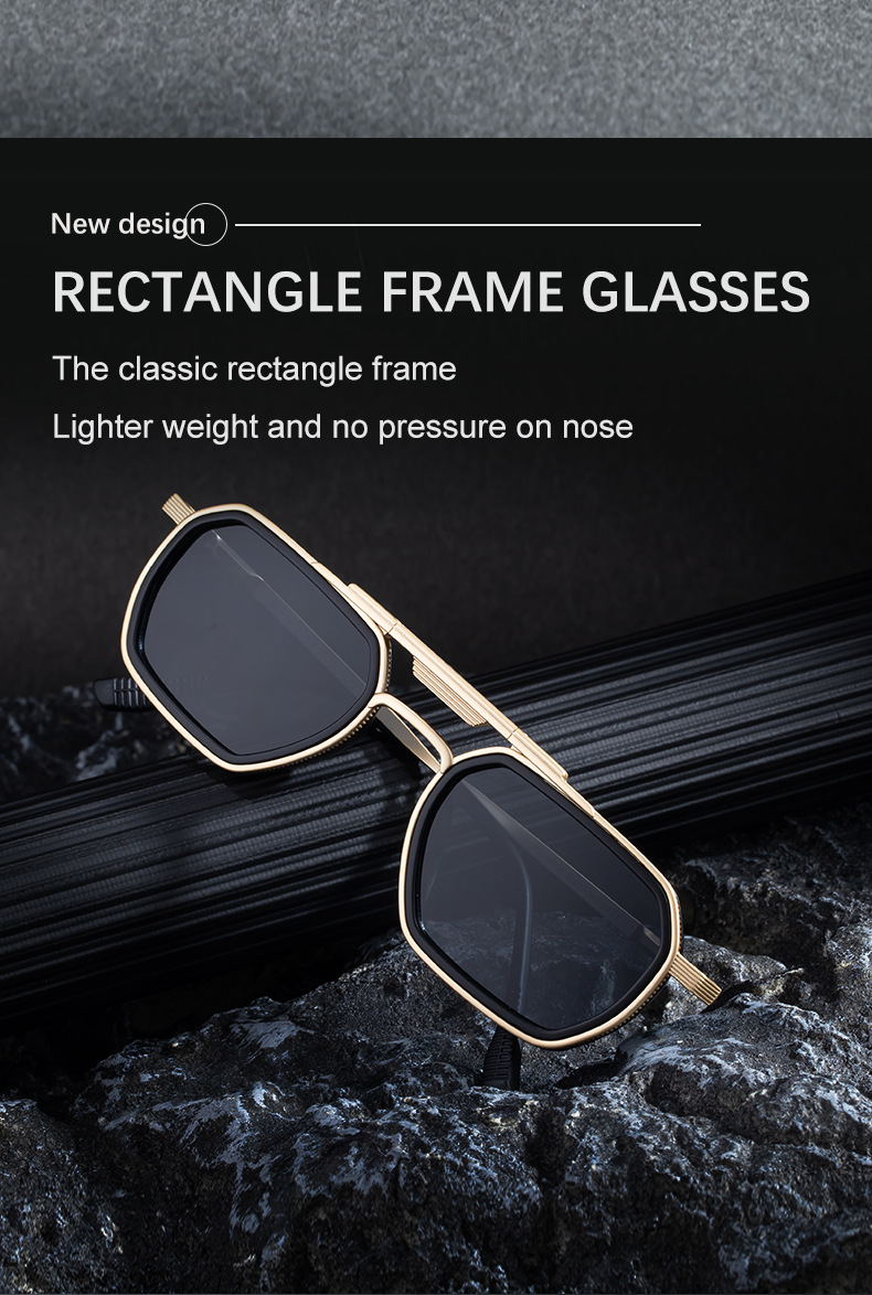 Black Zinc Alloy Men's Retro Square Sunglasses - Trendy Punk Style, Double Bridge Design & Flexible Spring Temples – Vintage Cool Eyewear - Details 4