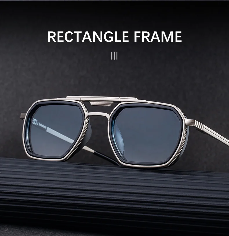 Black Zinc Alloy Men's Retro Square Sunglasses - Trendy Punk Style, Double Bridge Design & Flexible Spring Temples – Vintage Cool Eyewear - Details 7