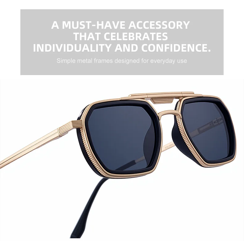 Black Zinc Alloy Men's Retro Square Sunglasses - Trendy Punk Style, Double Bridge Design & Flexible Spring Temples – Vintage Cool Eyewear - Details 9