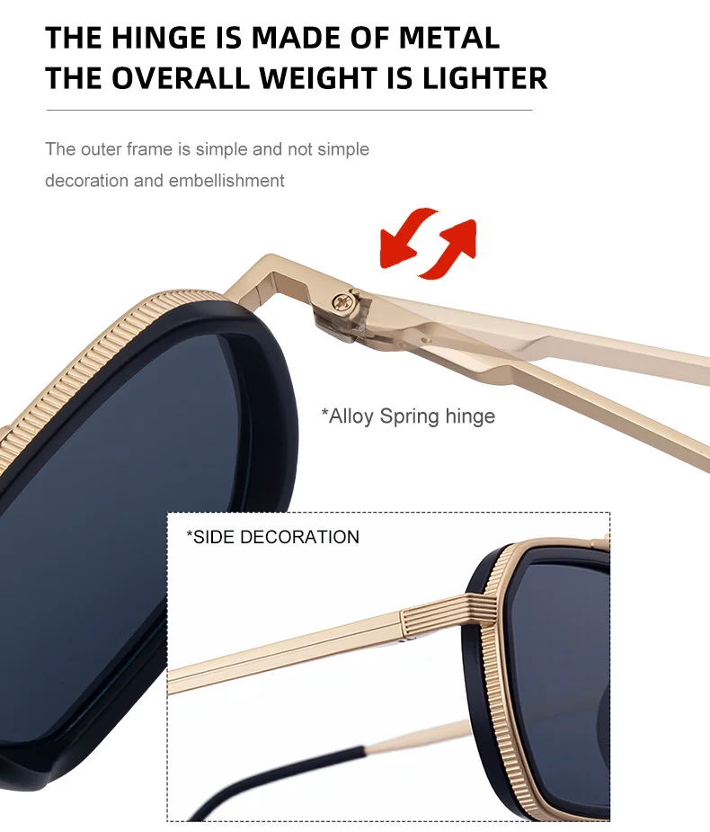 Black Zinc Alloy Men's Retro Square Sunglasses - Trendy Punk Style, Double Bridge Design & Flexible Spring Temples – Vintage Cool Eyewear - Details 11