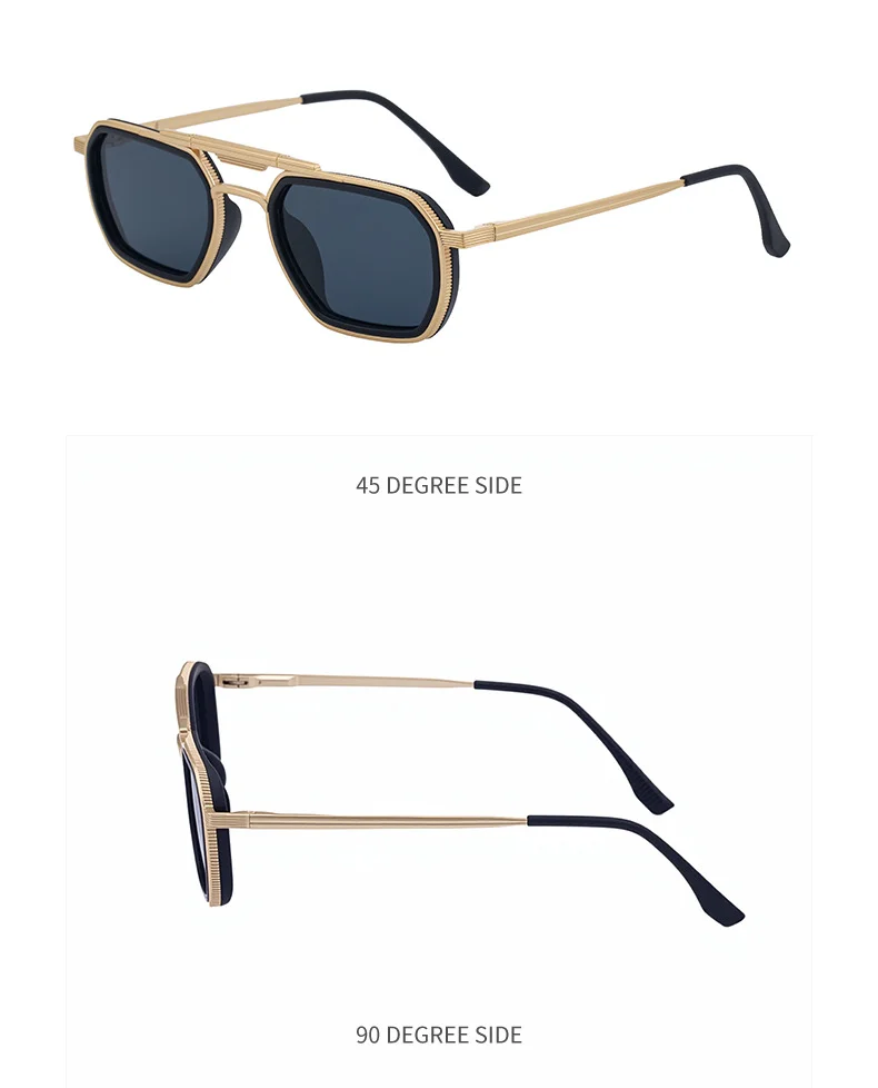 Black Zinc Alloy Men's Retro Square Sunglasses - Trendy Punk Style, Double Bridge Design & Flexible Spring Temples – Vintage Cool Eyewear - Details 16