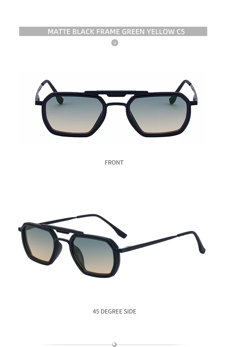 Black Zinc Alloy Men's Retro Square Sunglasses - Trendy Punk Style, Double Bridge Design & Flexible Spring Temples – Vintage Cool Eyewear - Details 20