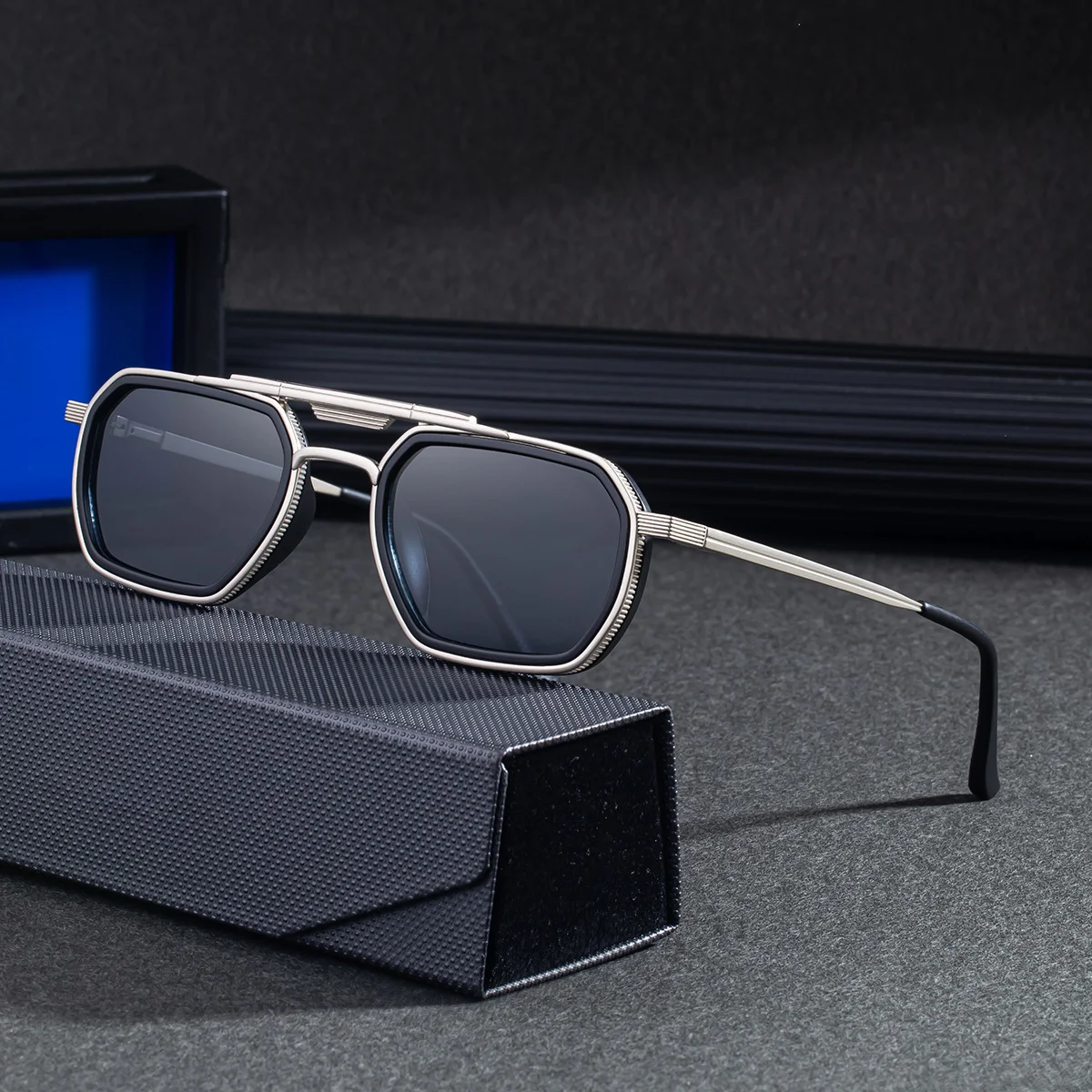 Black Zinc Alloy Men's Retro Square Sunglasses - Trendy Punk Style, Double Bridge Design & Flexible Spring Temples – Vintage Cool Eyewear - View 2