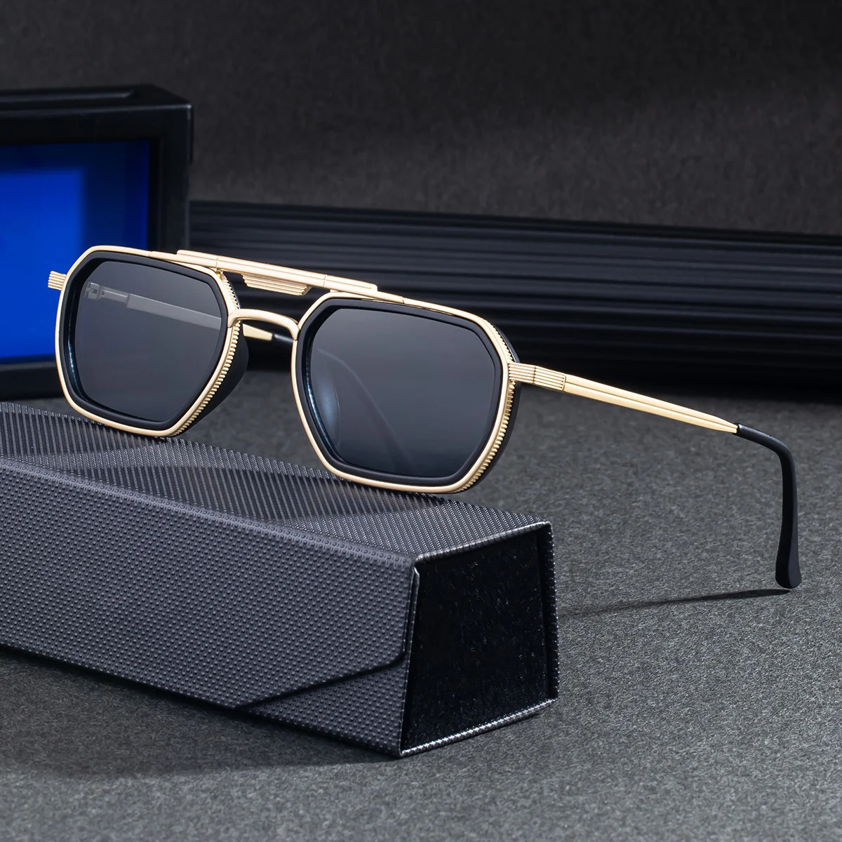 Black Zinc Alloy Men's Retro Square Sunglasses - Trendy Punk Style, Double Bridge Design & Flexible Spring Temples – Vintage Cool Eyewear - View 3