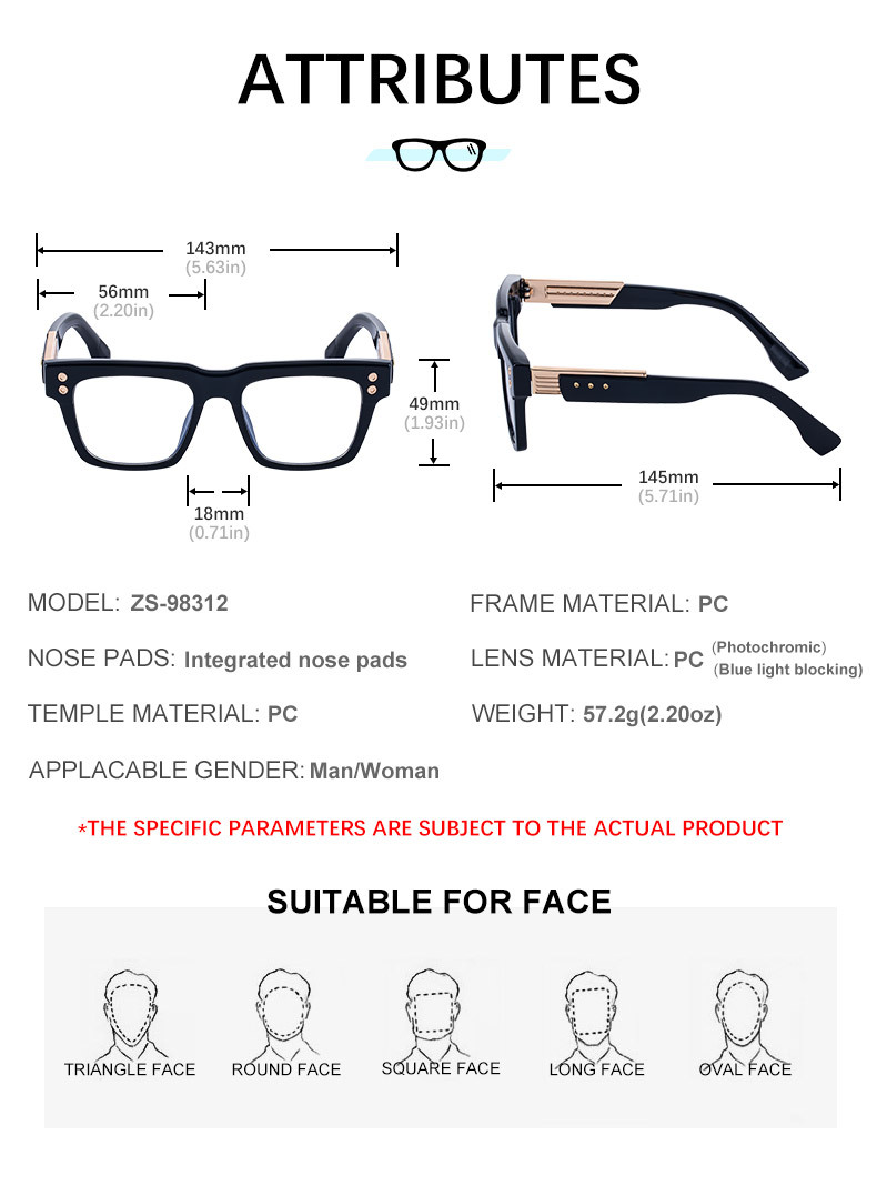 Black PC Men's Retro Square Photochromic Sunglasses - EU/US Fashion Style, Unique Design & UV400 Protection for Outdoor Activities - Details 13