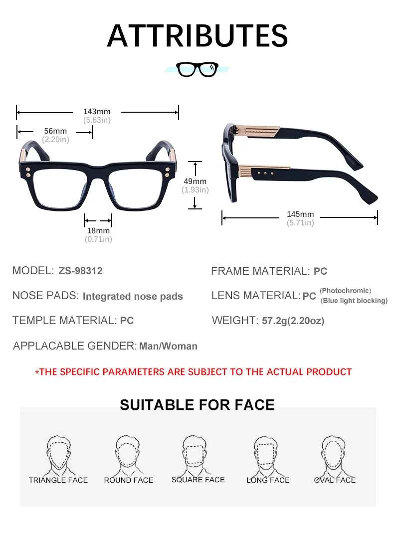 Black PC Men's Retro Square Photochromic Sunglasses - EU/US Fashion Style, Unique Design & UV400 Protection for Outdoor Activities - Details 13
