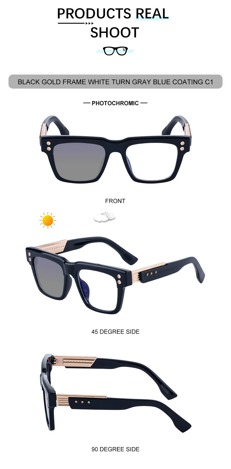 Black PC Men's Retro Square Photochromic Sunglasses - EU/US Fashion Style, Unique Design & UV400 Protection for Outdoor Activities - Details 14