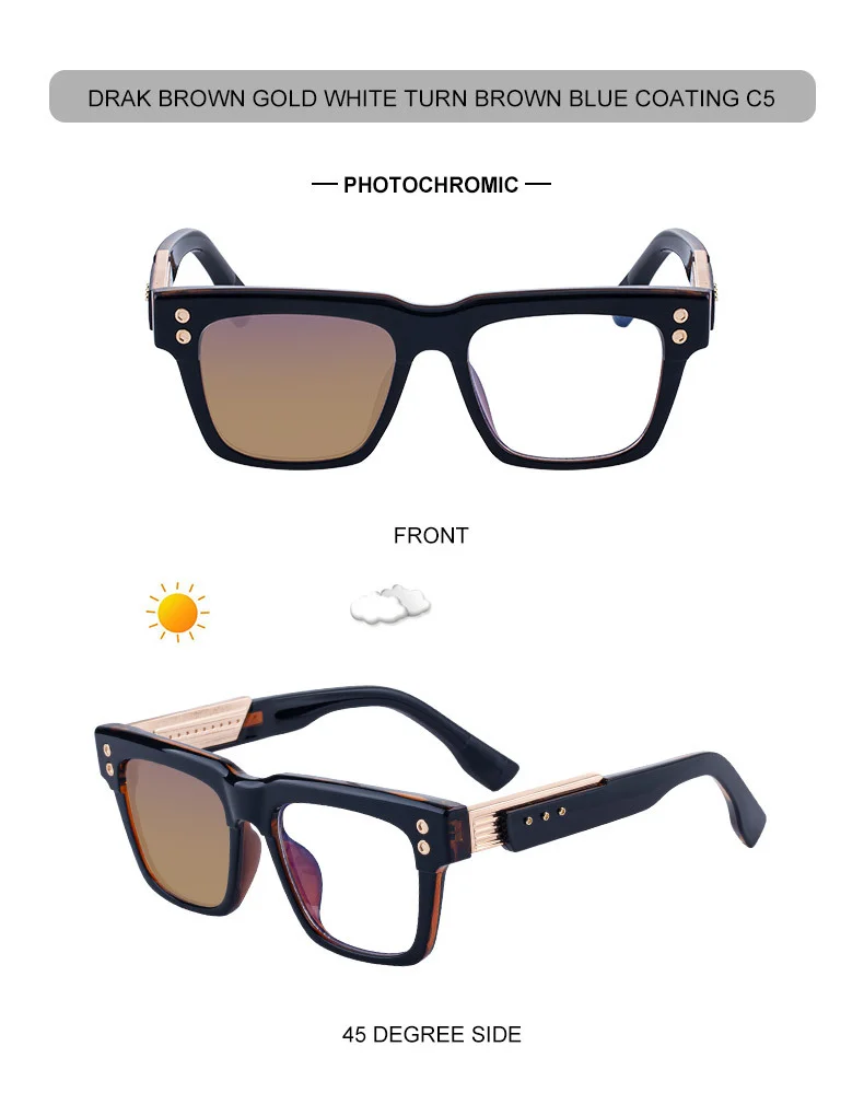 Black PC Men's Retro Square Photochromic Sunglasses - EU/US Fashion Style, Unique Design & UV400 Protection for Outdoor Activities - Details 16