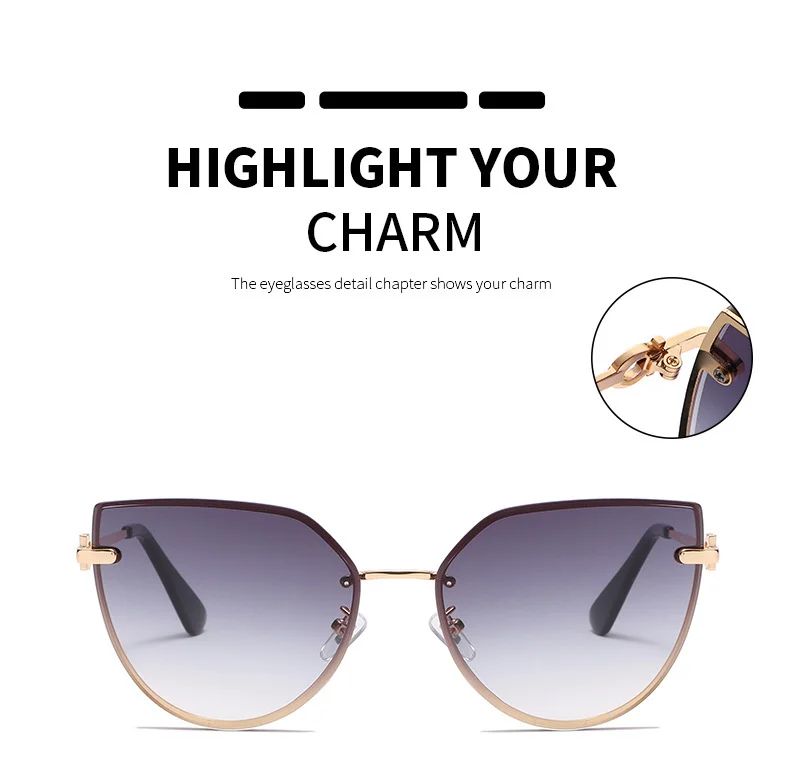 C01 Gradient Gray, C02 Full Tea, C03 Gray Pink Metal New Women's Large Frame Cat-Eye Sunglasses / $2.49 per pair (Wholesale Price) - View 4