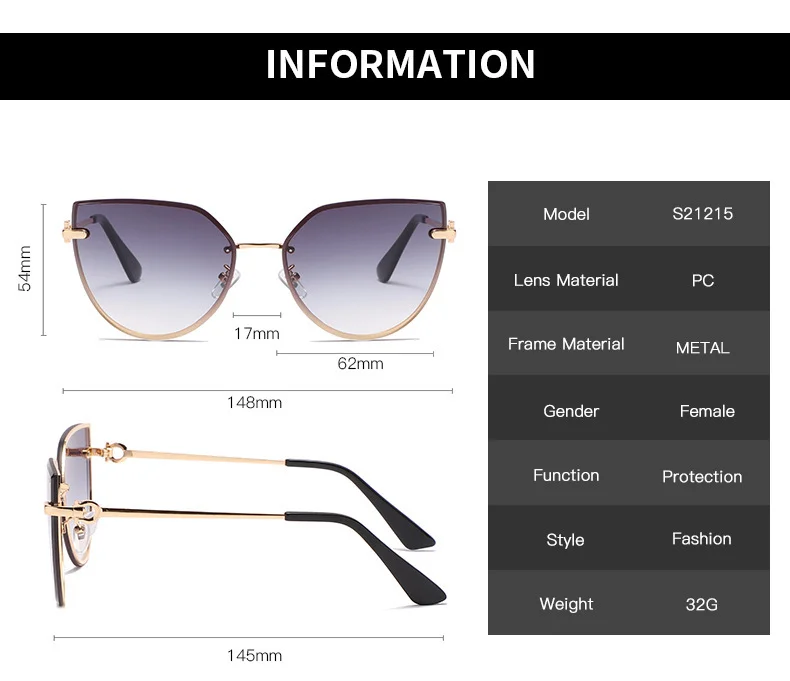 C01 Gradient Gray, C02 Full Tea, C03 Gray Pink Metal New Women's Large Frame Cat-Eye Sunglasses / $2.49 per pair (Wholesale Price) - Details 2