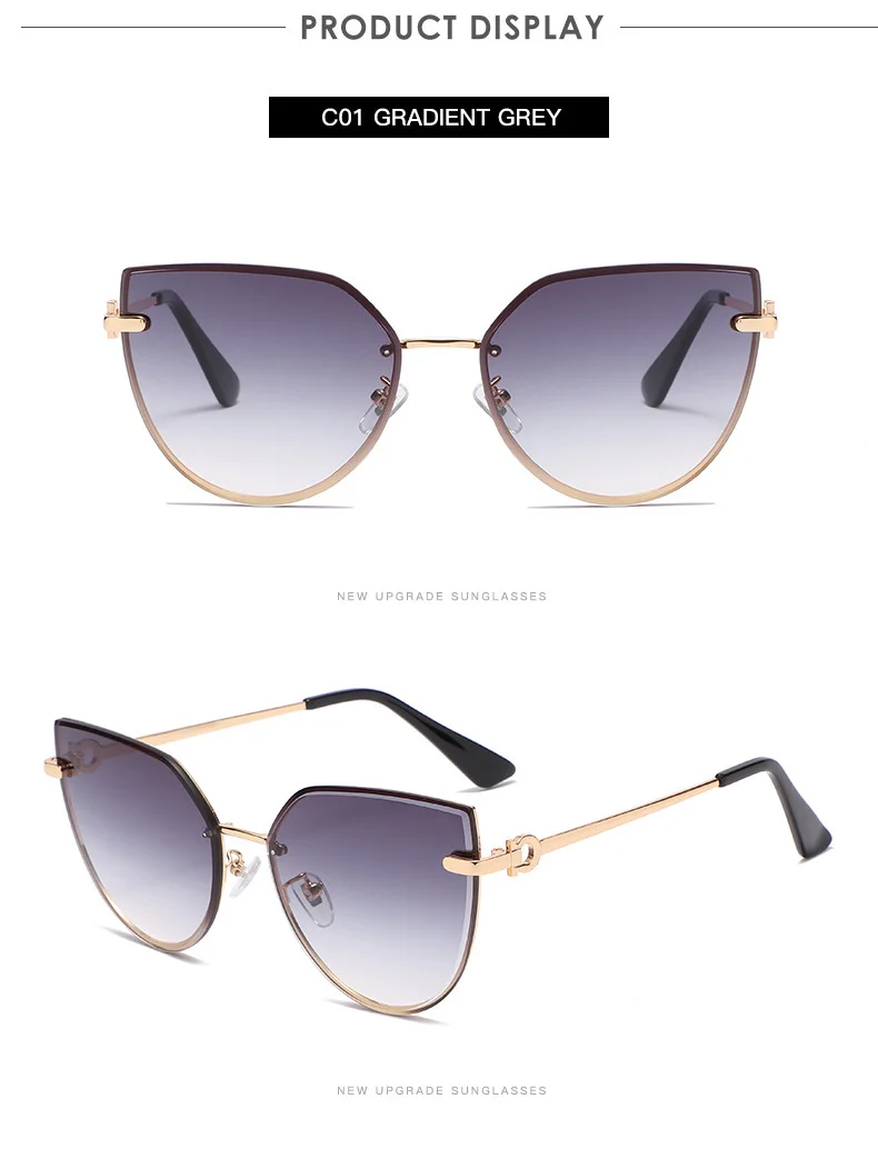 C01 Gradient Gray, C02 Full Tea, C03 Gray Pink Metal New Women's Large Frame Cat-Eye Sunglasses / $2.49 per pair (Wholesale Price) - Details 4