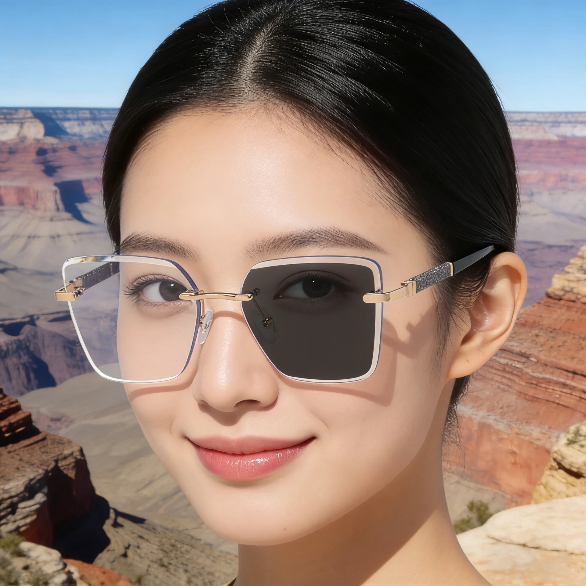 Black Zinc Alloy Women's Trendy Square Rimless Photochromic Sunglasses - Thickened Impact-Resistant Lenses with Flexible Spring Hinges – All-Day Comfort & UV Protection - Details 2