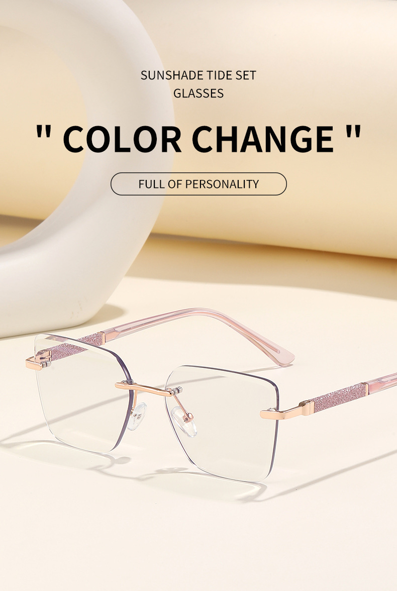Black Zinc Alloy Women's Trendy Square Rimless Photochromic Sunglasses - Thickened Impact-Resistant Lenses with Flexible Spring Hinges – All-Day Comfort & UV Protection - Details 12