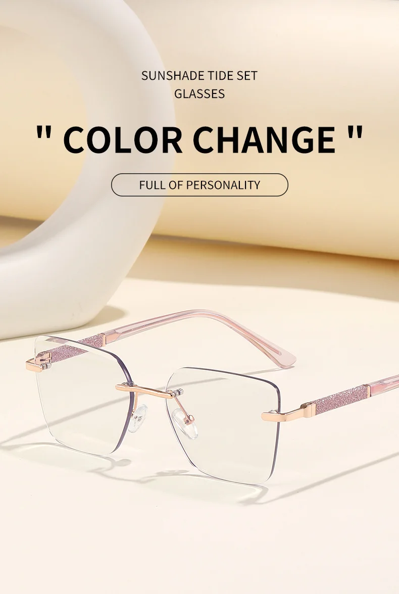 Black Zinc Alloy Women's Trendy Square Rimless Photochromic Sunglasses - Thickened Impact-Resistant Lenses with Flexible Spring Hinges – All-Day Comfort & UV Protection - Details 12