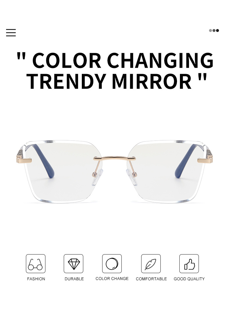 Black Zinc Alloy Women's Trendy Square Rimless Photochromic Sunglasses - Thickened Impact-Resistant Lenses with Flexible Spring Hinges – All-Day Comfort & UV Protection - Details 13