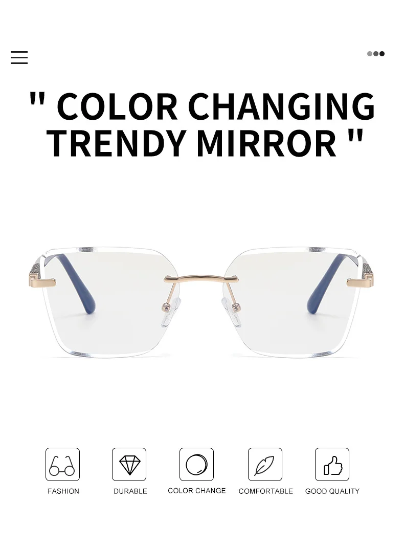 Black Zinc Alloy Women's Trendy Square Rimless Photochromic Sunglasses - Thickened Impact-Resistant Lenses with Flexible Spring Hinges – All-Day Comfort & UV Protection - Details 13