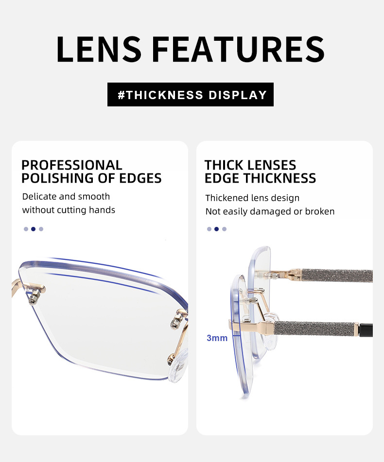 Women's Trendy Square Rimless Photochromic Sunglasses - Thickened Impact-Resistant Lenses with Flexible Spring Hinges – All-Day Comfort & UV Protection Details and Specifications