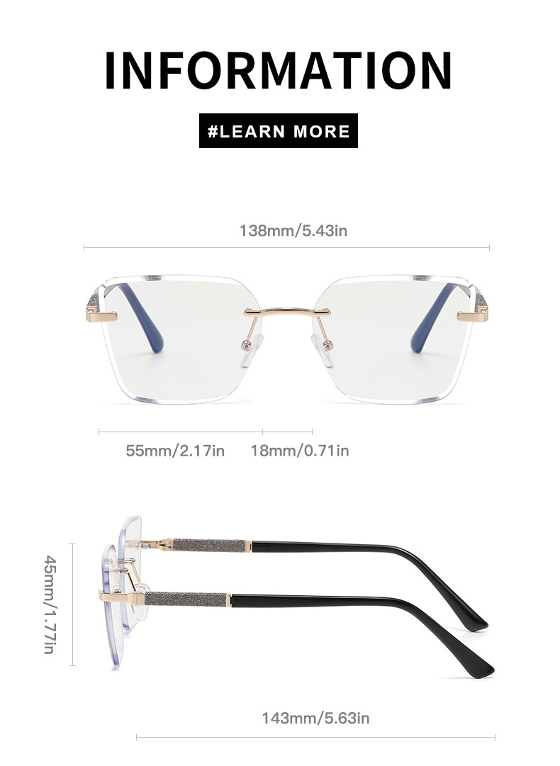 Women's Trendy Square Rimless Photochromic Sunglasses - Thickened Impact-Resistant Lenses with Flexible Spring Hinges – All-Day Comfort & UV Protection Details and Specifications