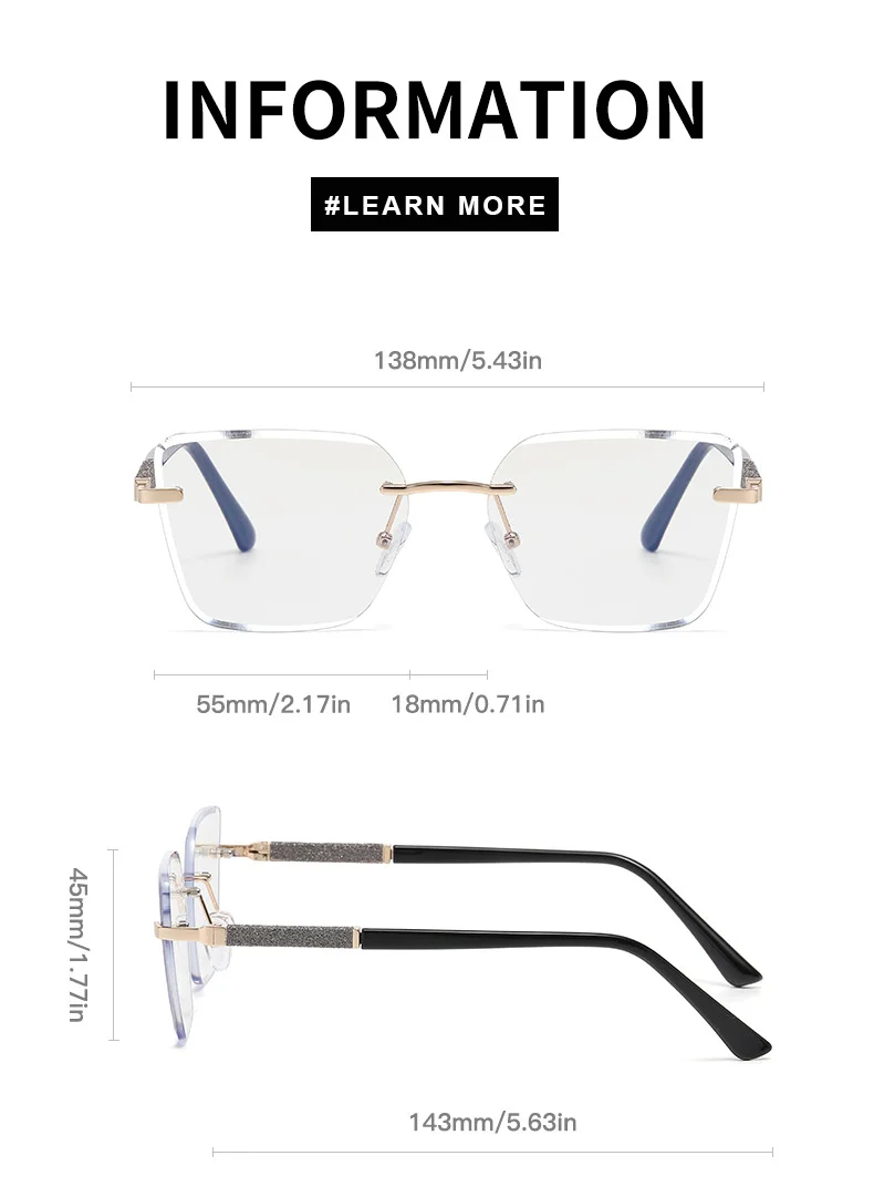 Black Zinc Alloy Women's Trendy Square Rimless Photochromic Sunglasses - Thickened Impact-Resistant Lenses with Flexible Spring Hinges – All-Day Comfort & UV Protection - Details 18