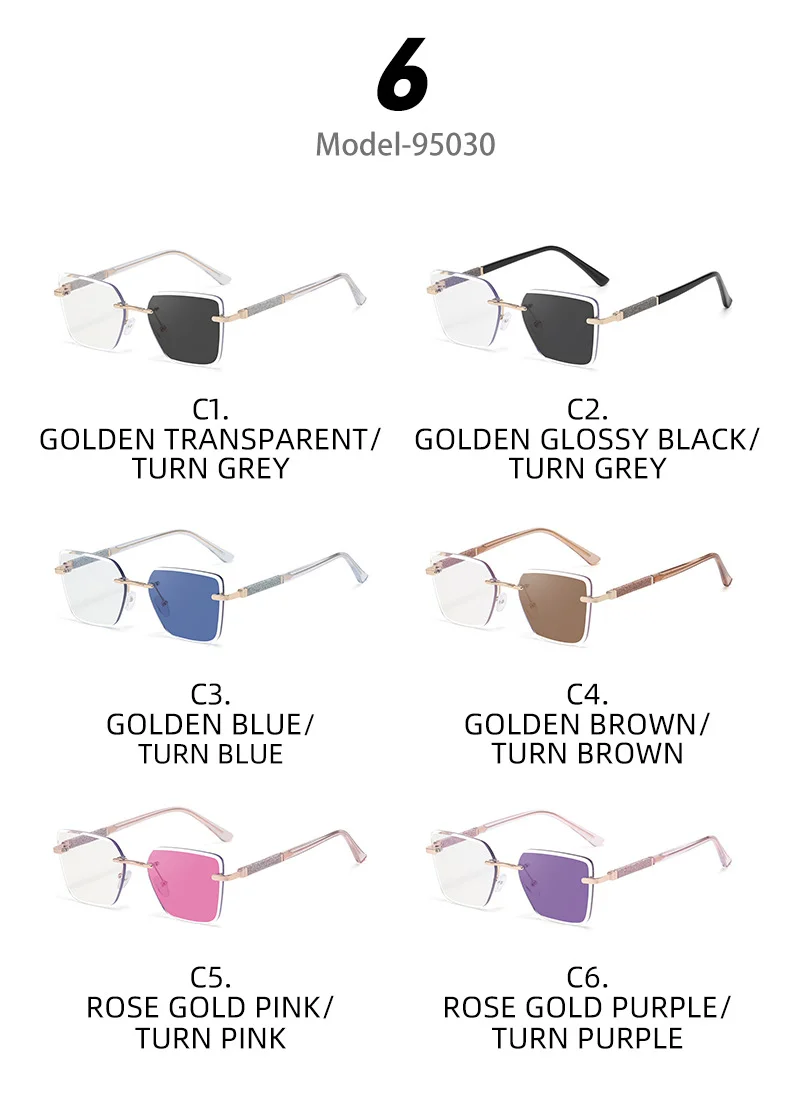 Black Zinc Alloy Women's Trendy Square Rimless Photochromic Sunglasses - Thickened Impact-Resistant Lenses with Flexible Spring Hinges – All-Day Comfort & UV Protection - Details 20