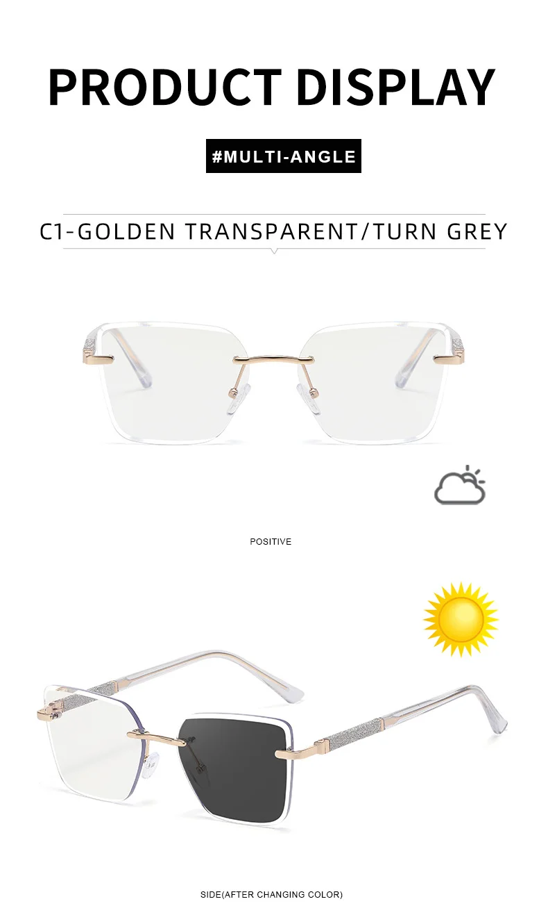 Black Zinc Alloy Women's Trendy Square Rimless Photochromic Sunglasses - Thickened Impact-Resistant Lenses with Flexible Spring Hinges – All-Day Comfort & UV Protection - Details 24