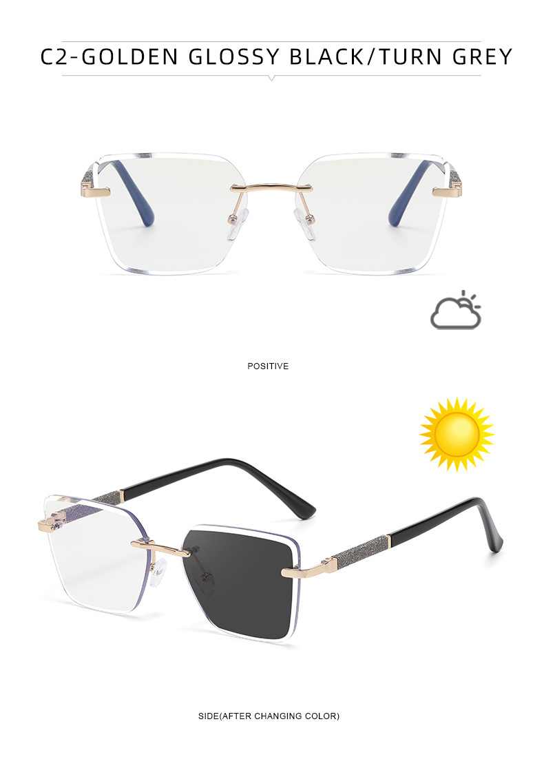 Black Zinc Alloy Women's Trendy Square Rimless Photochromic Sunglasses - Thickened Impact-Resistant Lenses with Flexible Spring Hinges – All-Day Comfort & UV Protection - Details 25