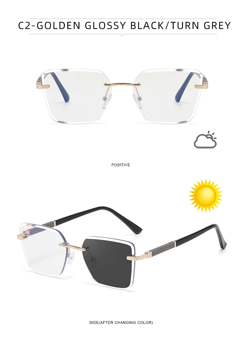 Black Zinc Alloy Women's Trendy Square Rimless Photochromic Sunglasses - Thickened Impact-Resistant Lenses with Flexible Spring Hinges – All-Day Comfort & UV Protection - Details 25