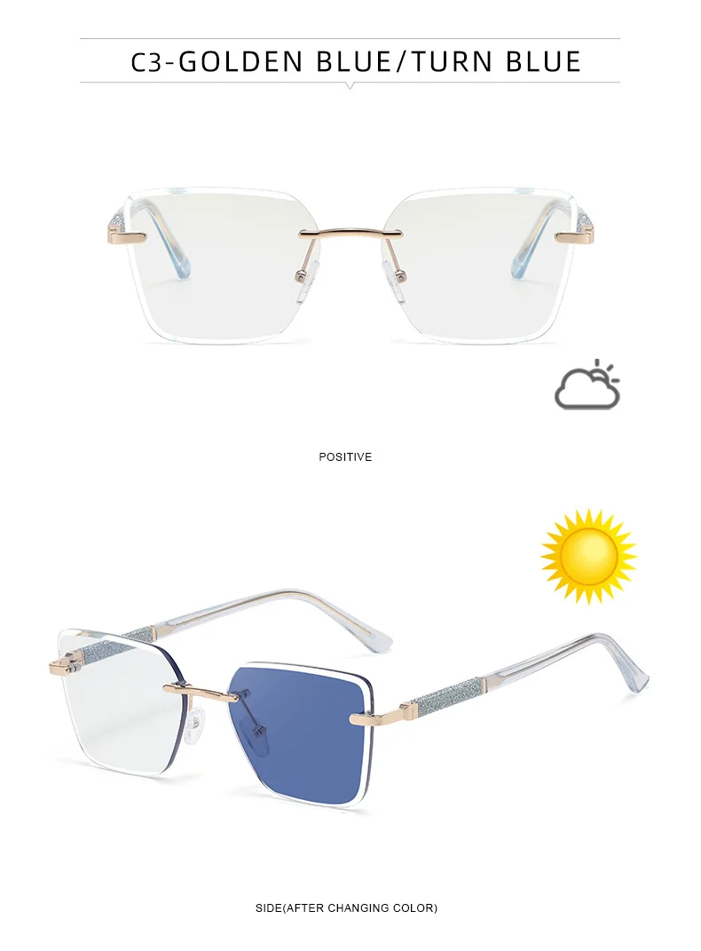 Black Zinc Alloy Women's Trendy Square Rimless Photochromic Sunglasses - Thickened Impact-Resistant Lenses with Flexible Spring Hinges – All-Day Comfort & UV Protection - Details 26