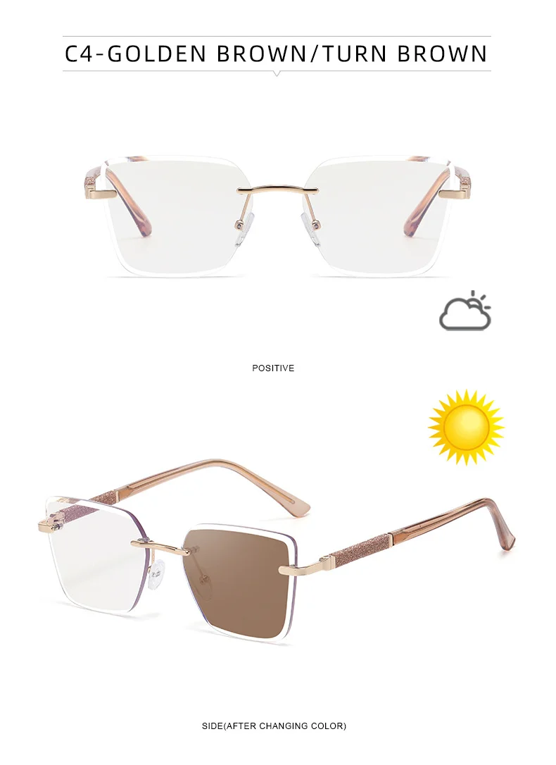 Black Zinc Alloy Women's Trendy Square Rimless Photochromic Sunglasses - Thickened Impact-Resistant Lenses with Flexible Spring Hinges – All-Day Comfort & UV Protection - Details 27
