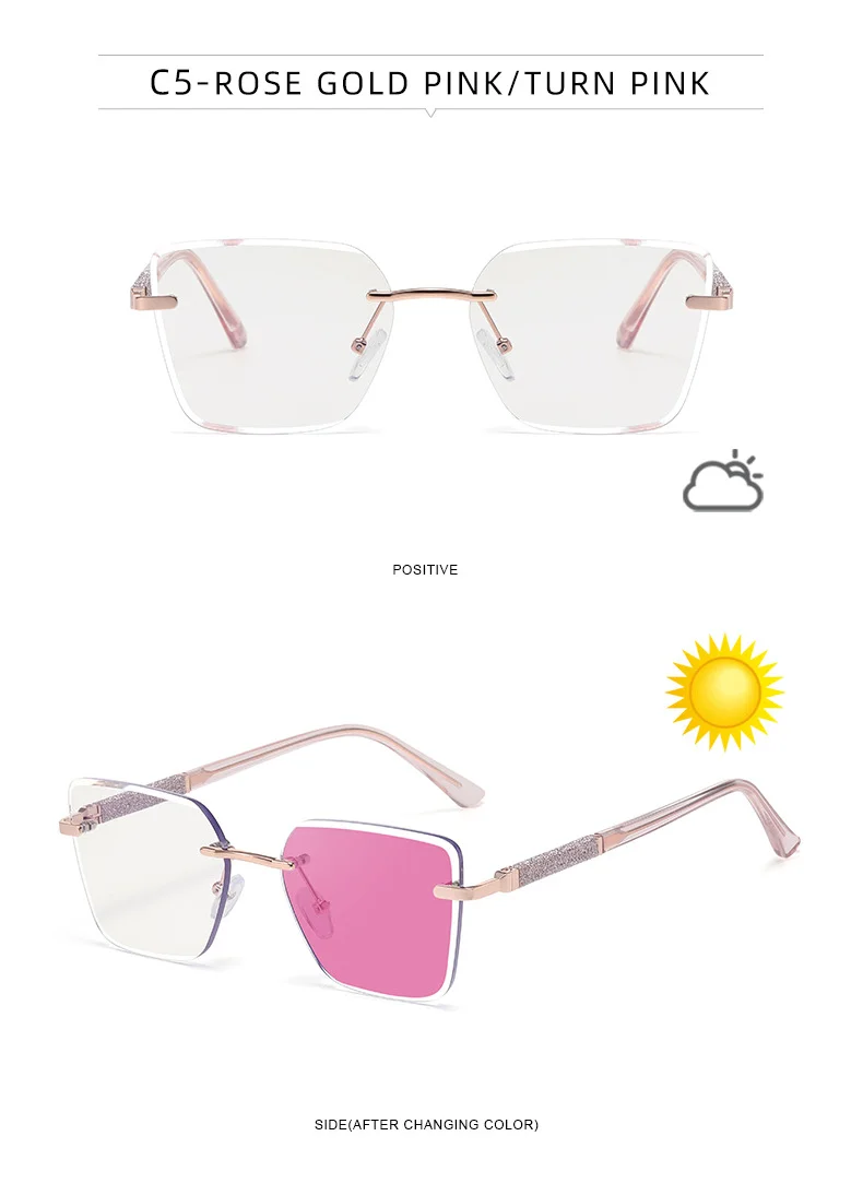 Black Zinc Alloy Women's Trendy Square Rimless Photochromic Sunglasses - Thickened Impact-Resistant Lenses with Flexible Spring Hinges – All-Day Comfort & UV Protection - Details 28