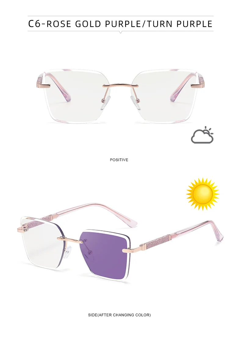 Black Zinc Alloy Women's Trendy Square Rimless Photochromic Sunglasses - Thickened Impact-Resistant Lenses with Flexible Spring Hinges – All-Day Comfort & UV Protection - Details 29