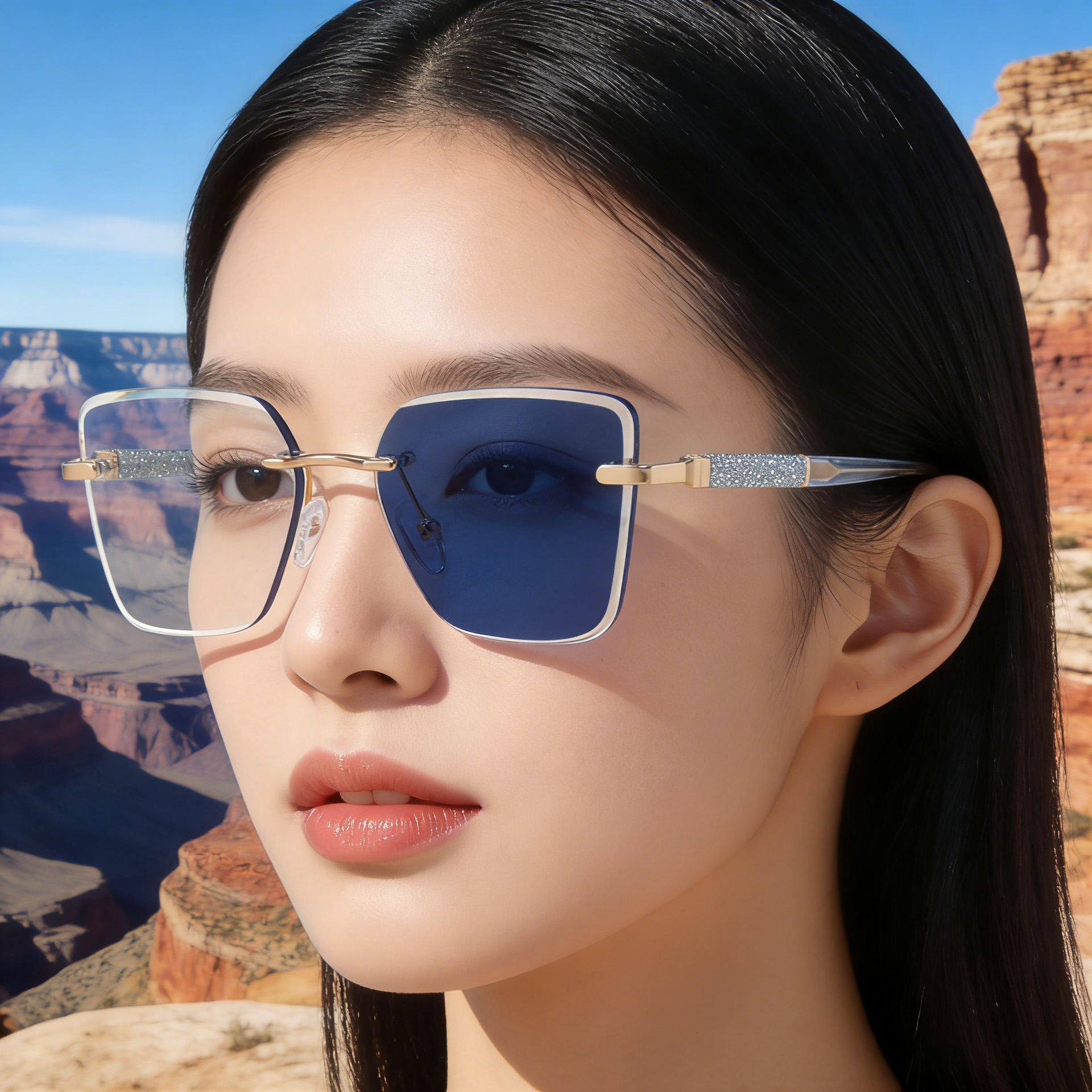 Women's Trendy Square Rimless Photochromic Sunglasses - Thickened Impact-Resistant Lenses with Flexible Spring Hinges – All-Day Comfort & UV Protection Custom Eyewear