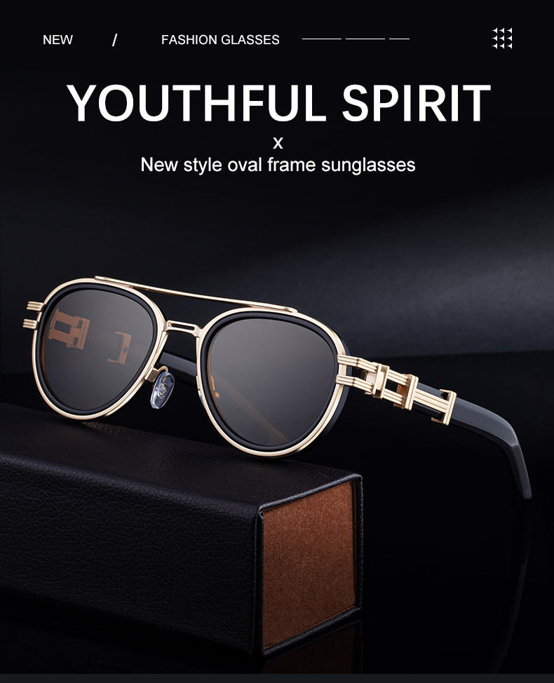 Black Zinc Alloy Men's Retro Metal Oval Sunglasses - Stylish Double Bridge Frame – Vintage Sun Protection Eyewear with UV400 - Details 1
