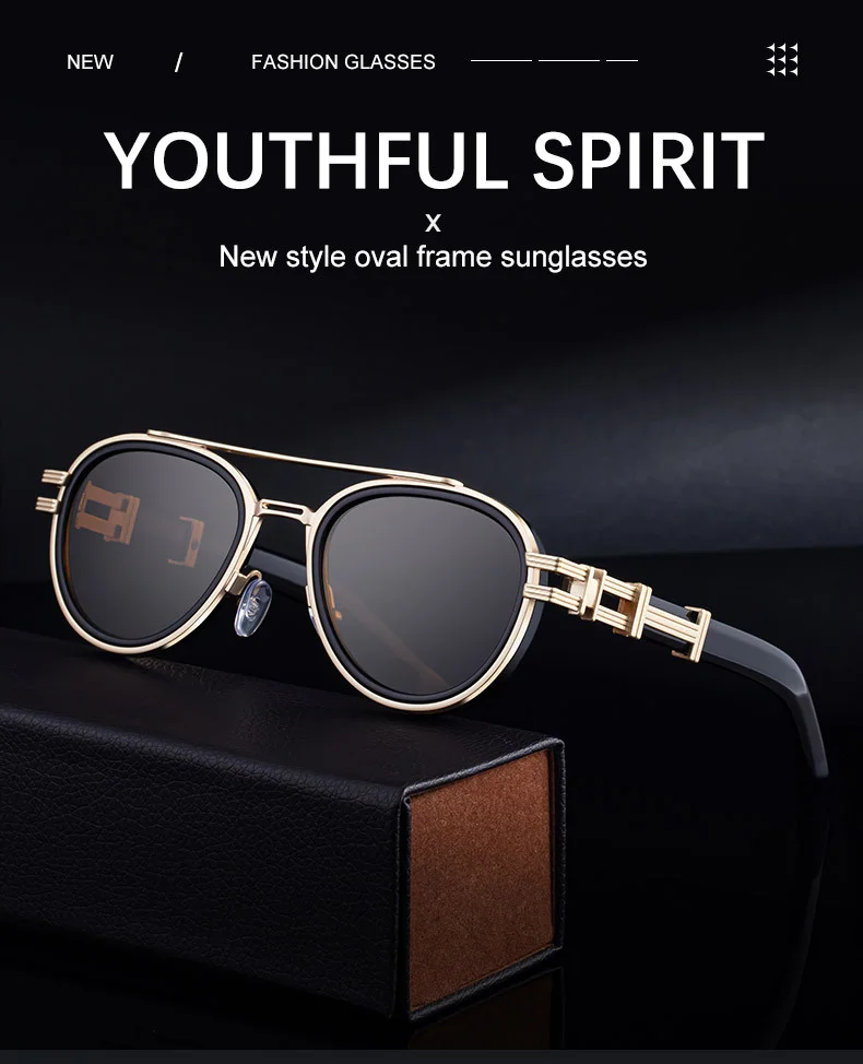 Black Zinc Alloy Men's Retro Metal Oval Sunglasses - Stylish Double Bridge Frame – Vintage Sun Protection Eyewear with UV400 - Details 1