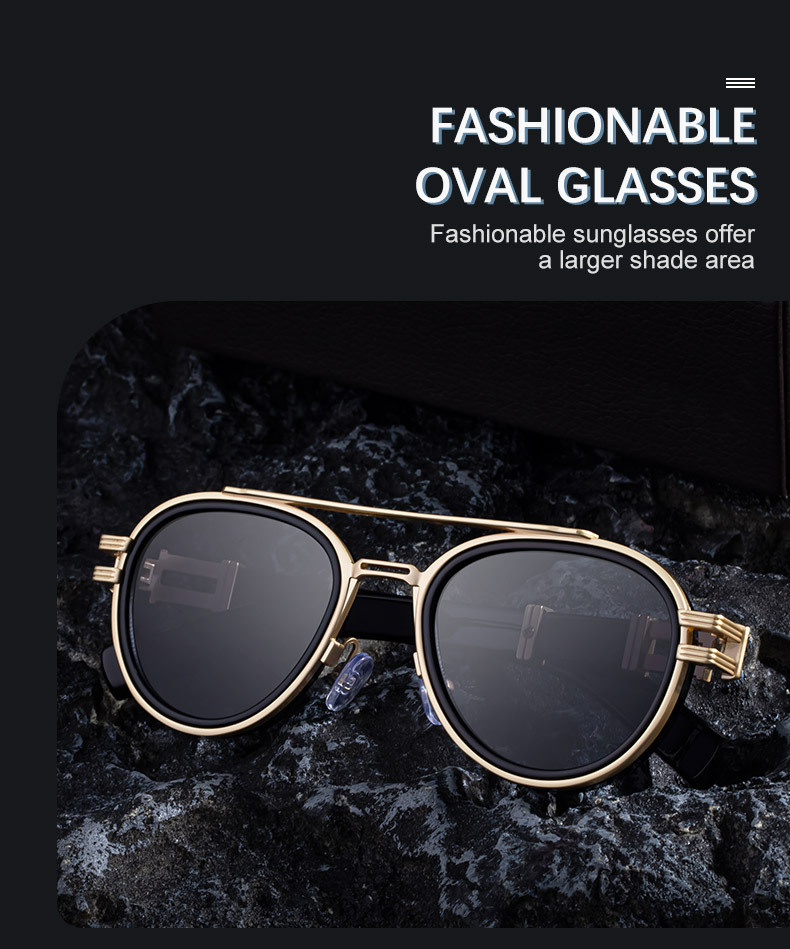 Black Zinc Alloy Men's Retro Metal Oval Sunglasses - Stylish Double Bridge Frame – Vintage Sun Protection Eyewear with UV400 - Details 2