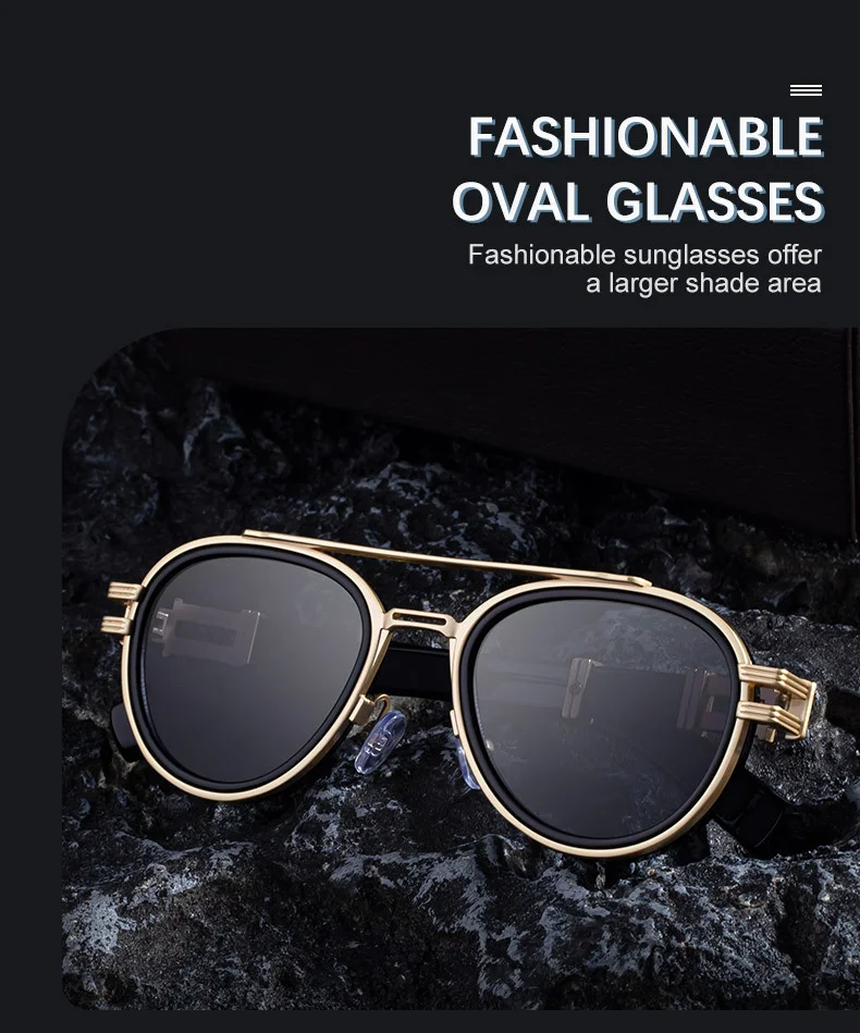 Black Zinc Alloy Men's Retro Metal Oval Sunglasses - Stylish Double Bridge Frame – Vintage Sun Protection Eyewear with UV400 - Details 2