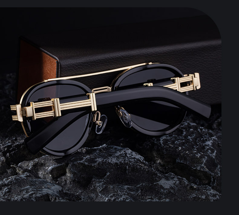 Black Zinc Alloy Men's Retro Metal Oval Sunglasses - Stylish Double Bridge Frame – Vintage Sun Protection Eyewear with UV400 - Details 3