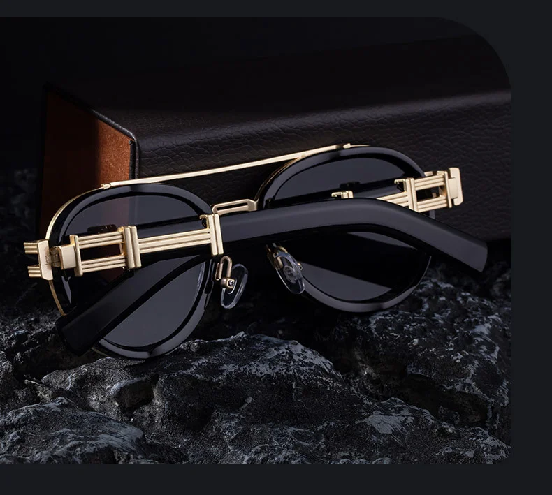 Black Zinc Alloy Men's Retro Metal Oval Sunglasses - Stylish Double Bridge Frame – Vintage Sun Protection Eyewear with UV400 - Details 3
