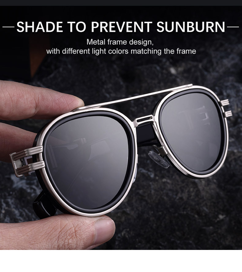 Black Zinc Alloy Men's Retro Metal Oval Sunglasses - Stylish Double Bridge Frame – Vintage Sun Protection Eyewear with UV400 - Details 5