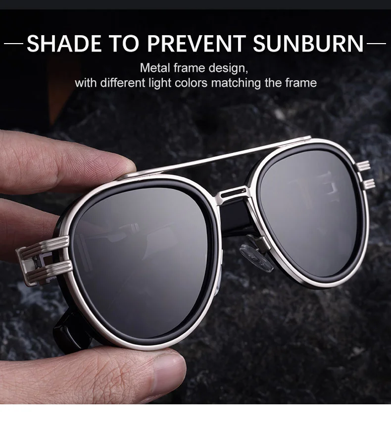 Black Zinc Alloy Men's Retro Metal Oval Sunglasses - Stylish Double Bridge Frame – Vintage Sun Protection Eyewear with UV400 - Details 5