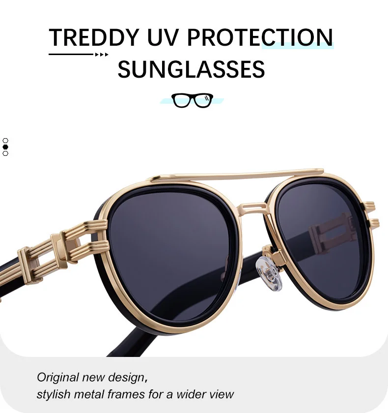 Black Zinc Alloy Men's Retro Metal Oval Sunglasses - Stylish Double Bridge Frame – Vintage Sun Protection Eyewear with UV400 - Details 7