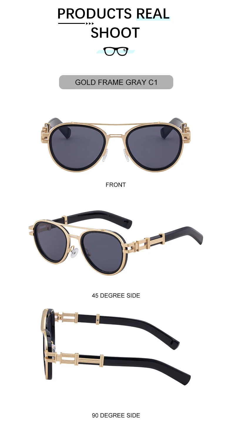 Black Zinc Alloy Men's Retro Metal Oval Sunglasses - Stylish Double Bridge Frame – Vintage Sun Protection Eyewear with UV400 - Details 13