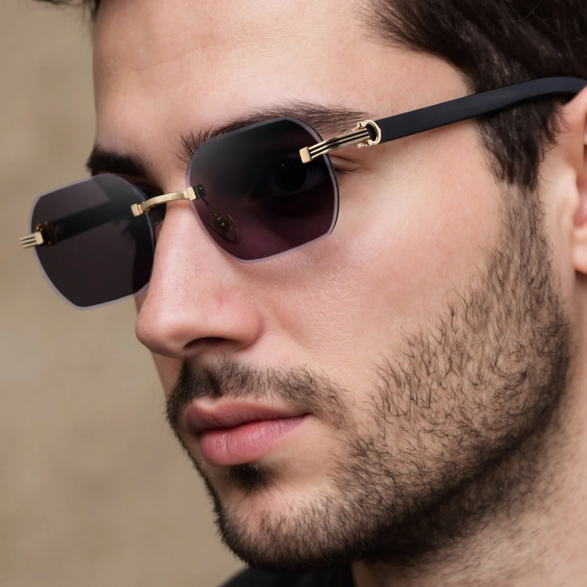 Black Zinc Alloy Men's Trendy Rimless Photochromic Sunglasses - Unique High-End Outdoor Eyewear with Adaptive UV Protection – Lightweight & Stylish - Details 1