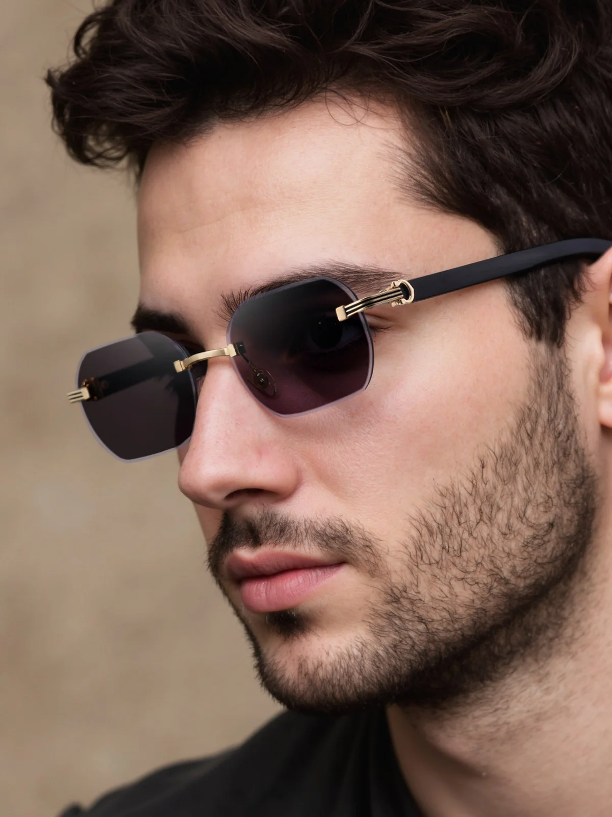 Black Zinc Alloy Men's Trendy Rimless Photochromic Sunglasses - Unique High-End Outdoor Eyewear with Adaptive UV Protection – Lightweight & Stylish - Details 3