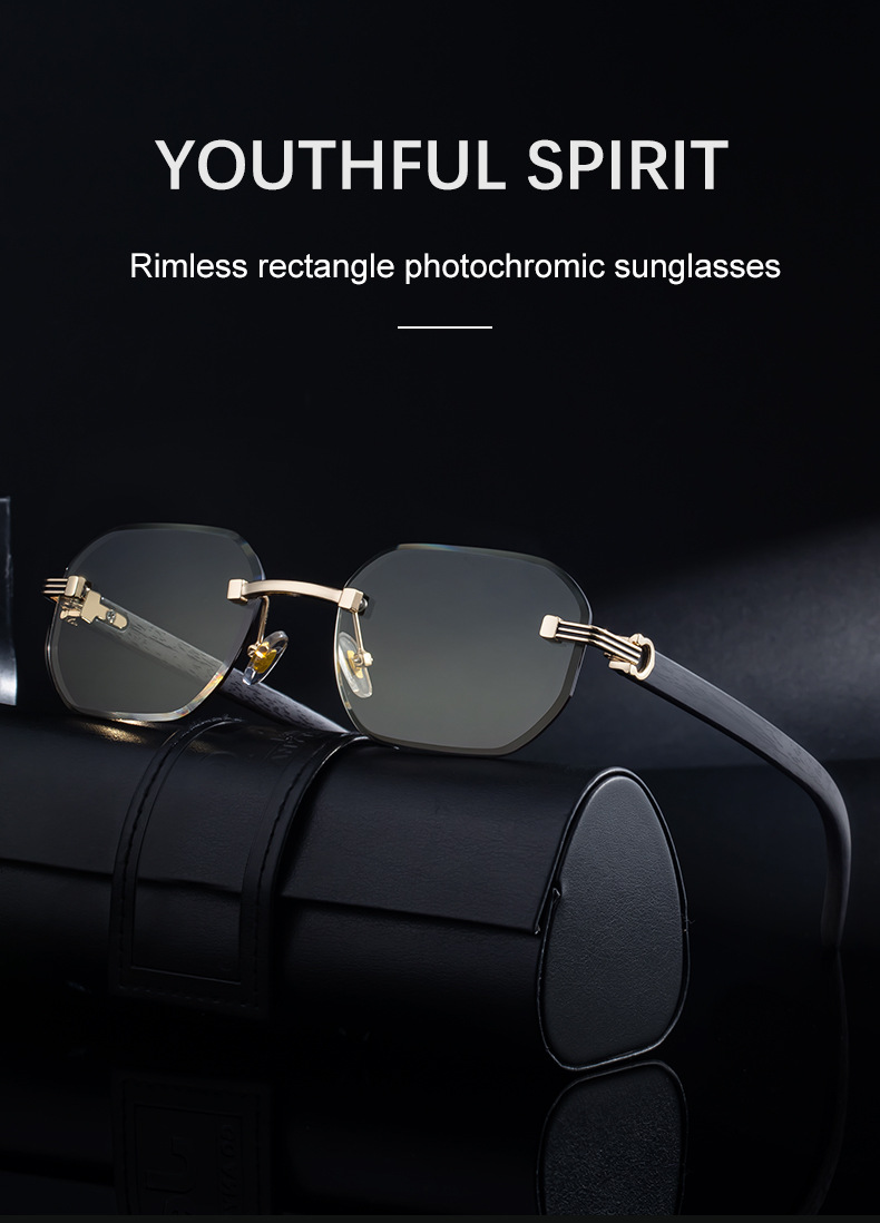 Black Zinc Alloy Men's Trendy Rimless Photochromic Sunglasses - Unique High-End Outdoor Eyewear with Adaptive UV Protection – Lightweight & Stylish - Details 5