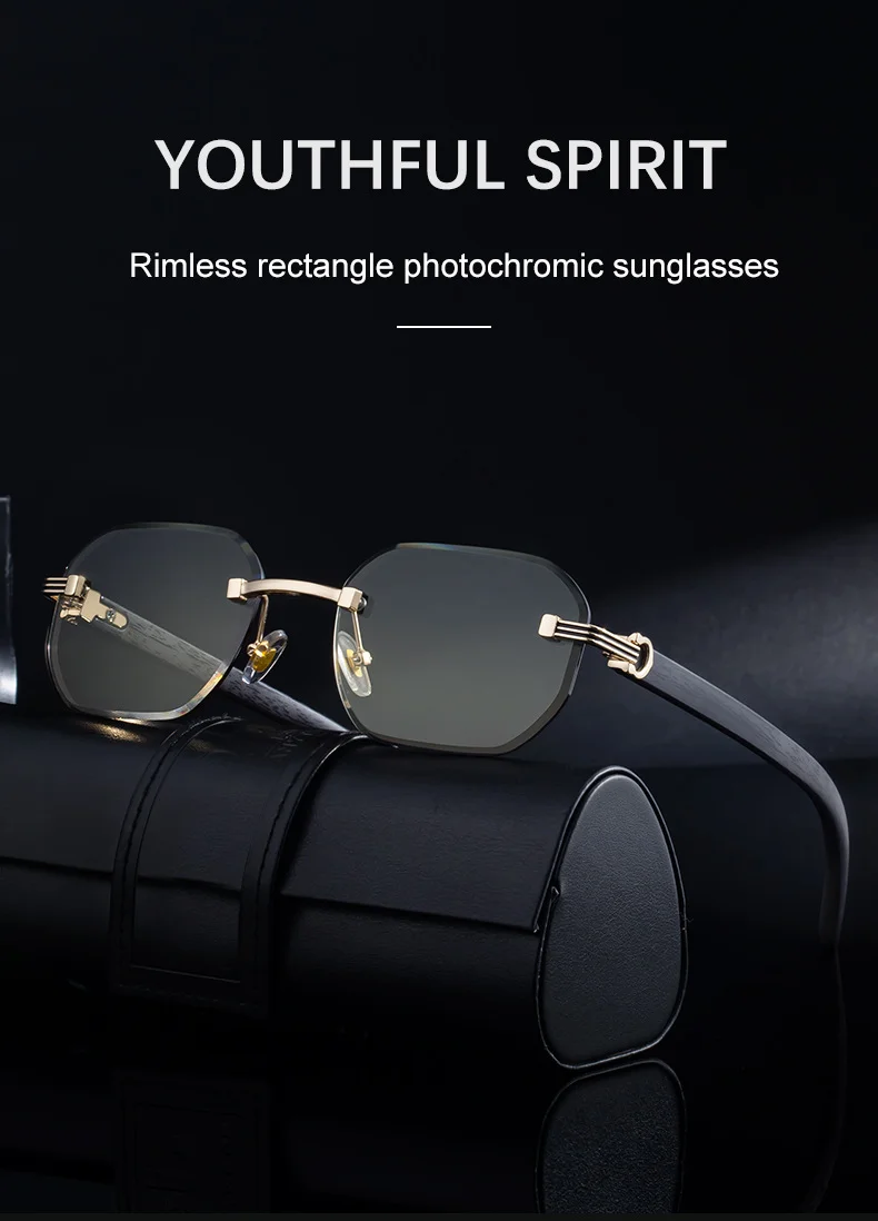 Black Zinc Alloy Men's Trendy Rimless Photochromic Sunglasses - Unique High-End Outdoor Eyewear with Adaptive UV Protection – Lightweight & Stylish - Details 5