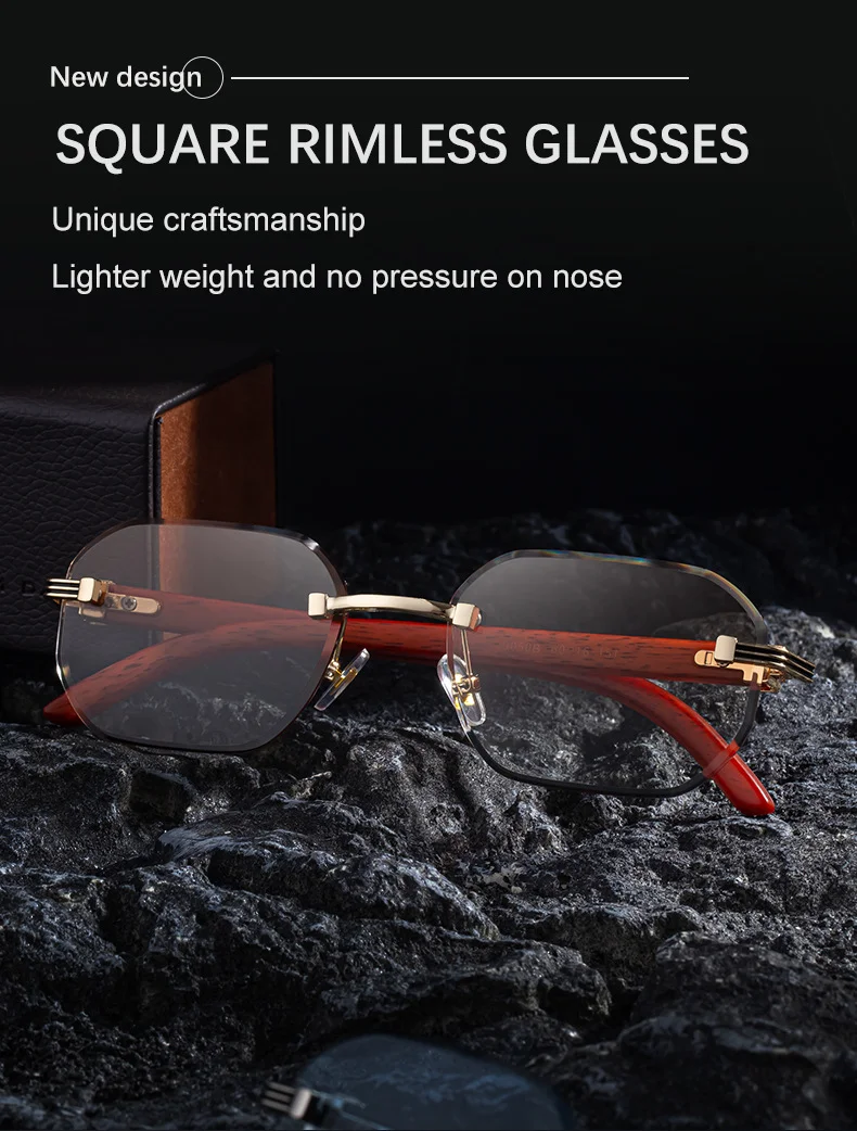 Black Zinc Alloy Men's Trendy Rimless Photochromic Sunglasses - Unique High-End Outdoor Eyewear with Adaptive UV Protection – Lightweight & Stylish - Details 6