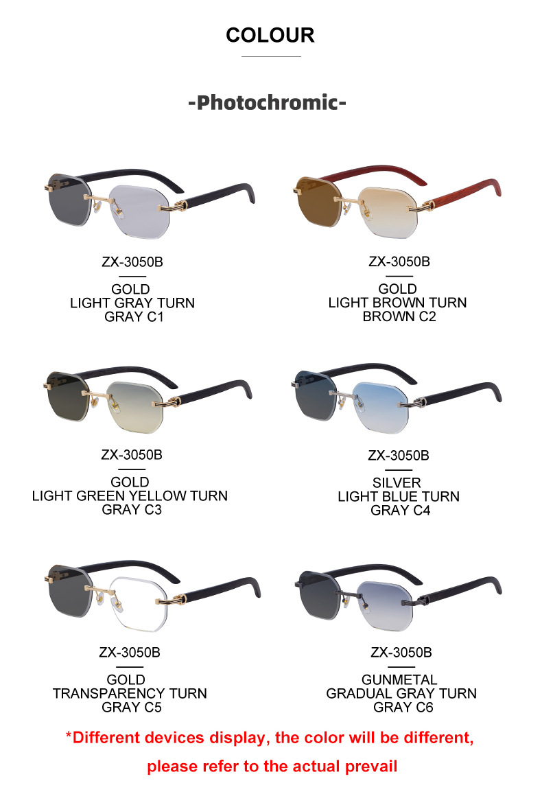 Men's Trendy Rimless Photochromic Sunglasses - Unique High-End Outdoor Eyewear with Adaptive UV Protection – Lightweight & Stylish Details and Specifications