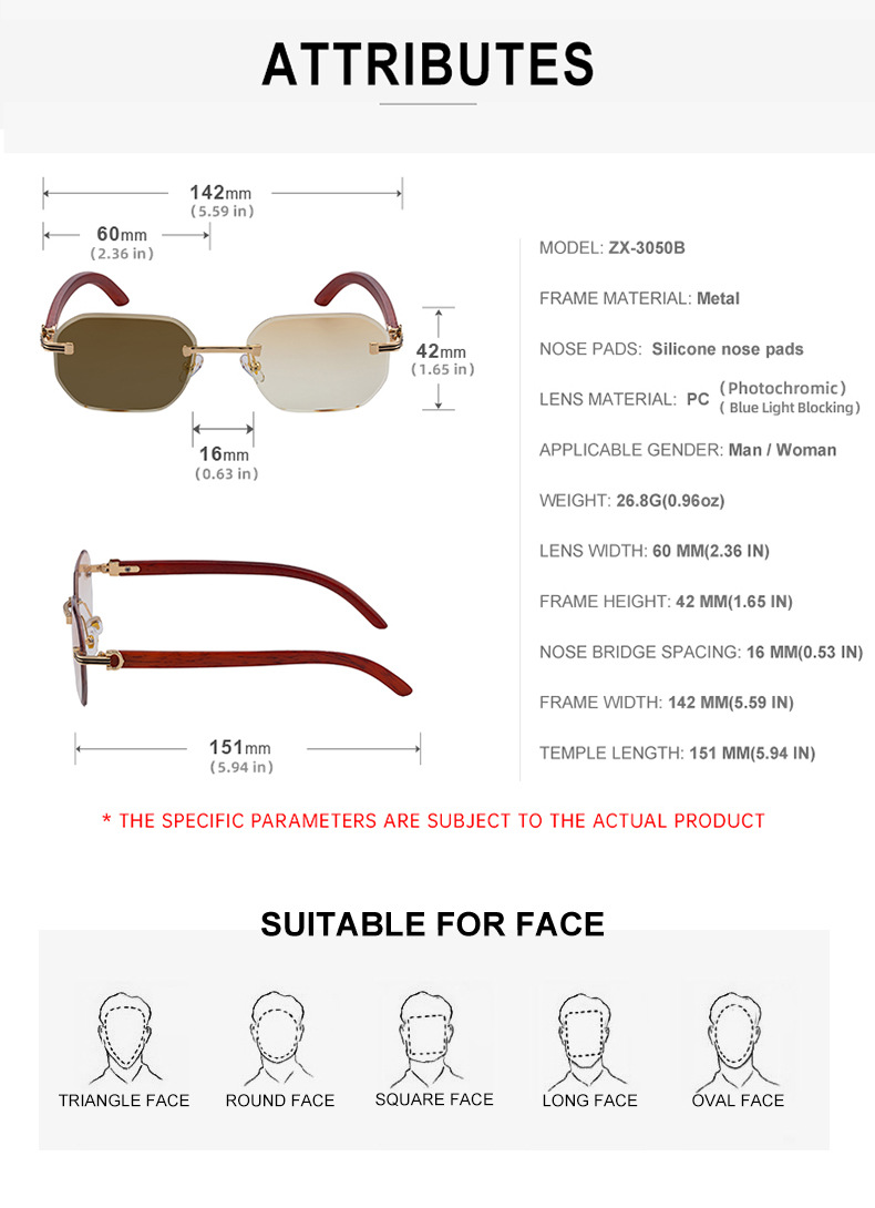 Men's Trendy Rimless Photochromic Sunglasses - Unique High-End Outdoor Eyewear with Adaptive UV Protection – Lightweight & Stylish Details and Specifications