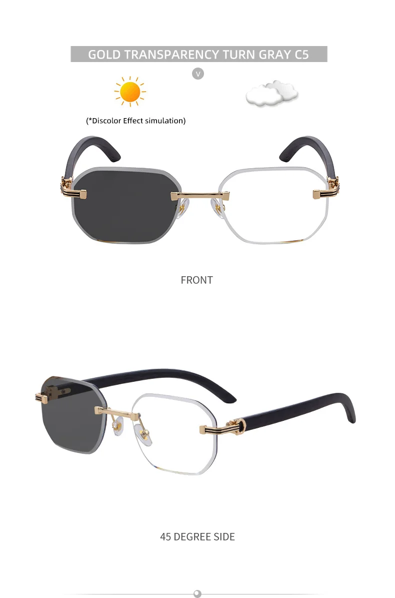 Black Zinc Alloy Men's Trendy Rimless Photochromic Sunglasses - Unique High-End Outdoor Eyewear with Adaptive UV Protection – Lightweight & Stylish - Details 25